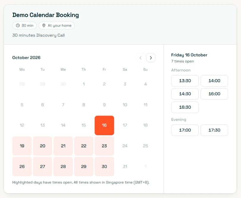 A booking page: a month calendar with the open days highlighted and, beside it, the times still open on the chosen day