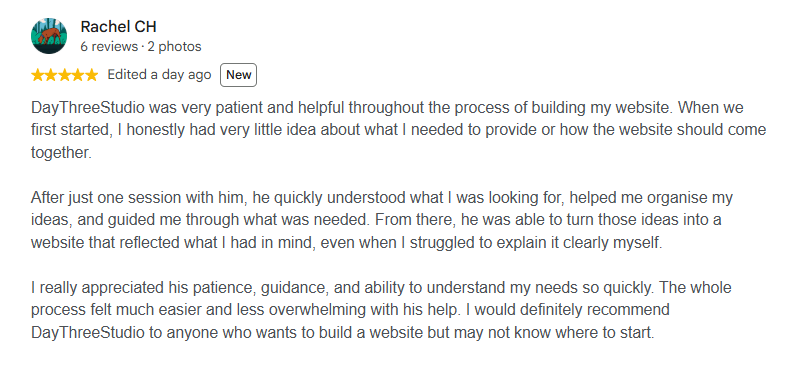 Rachel's five-star Google review of DayThree Studio