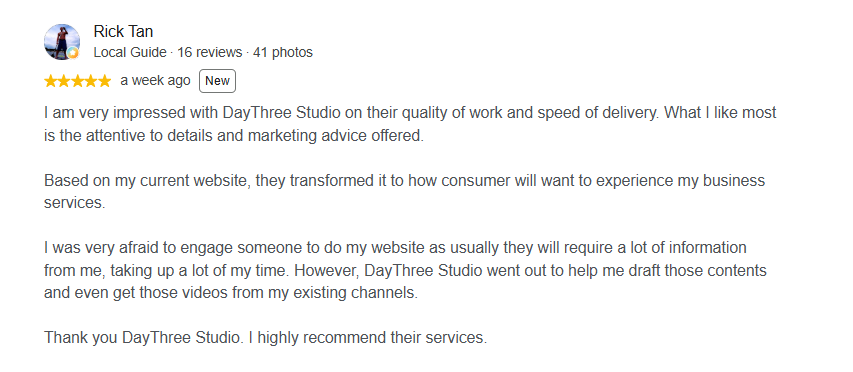 Rick's five-star Google review of DayThree Studio