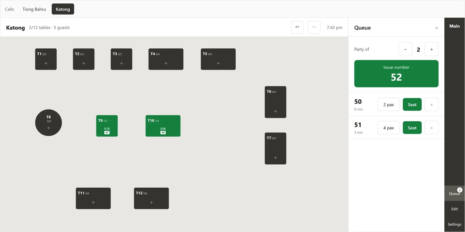 The seat map, shown with sample data: tables laid out like the café floor, two occupied tables in green with how long each party has been seated, and the queue of waiting parties on the right