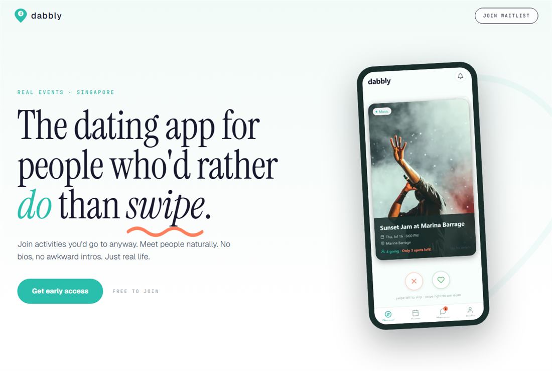 Dabbly website hero: dating app landing page with phone mockup
