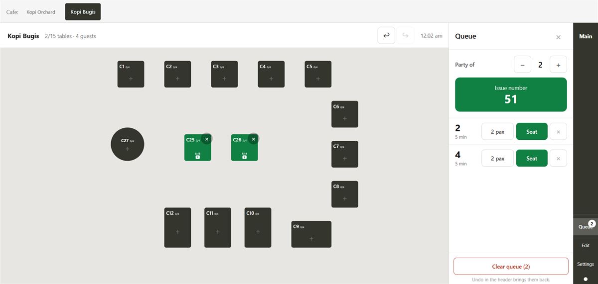 Seating and queue management web app: floor plan of tables with a live queue panel